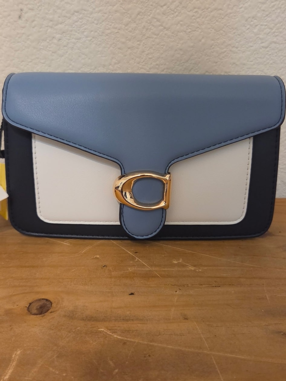 Blue and White Colorblock Shoulder Bag with Gold Hardware